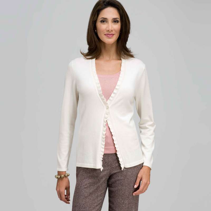 Long Sleeve Ruffle Front Trim Cardigan, Winter White, large image number 0